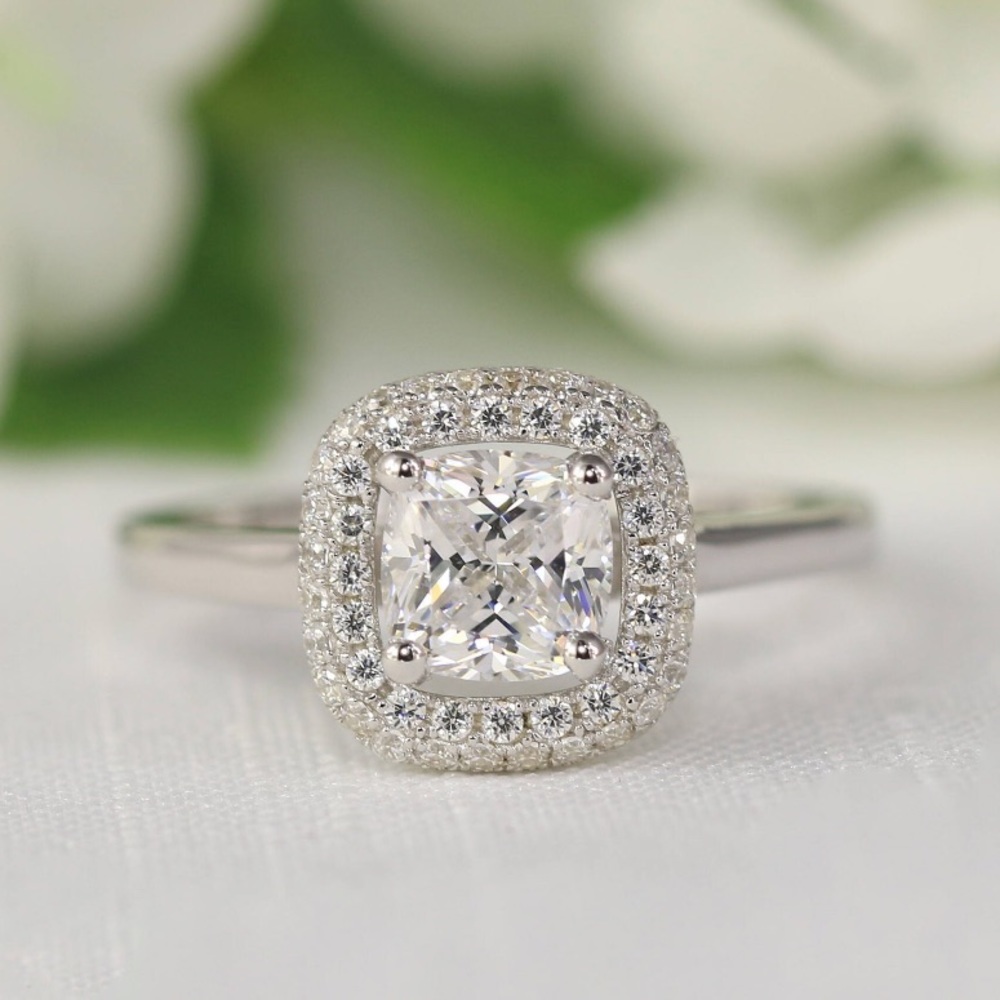 1.3 ctw Cushion Halo Engagement/Promise Ring - CZ - Sterling Silver - Size 6.5